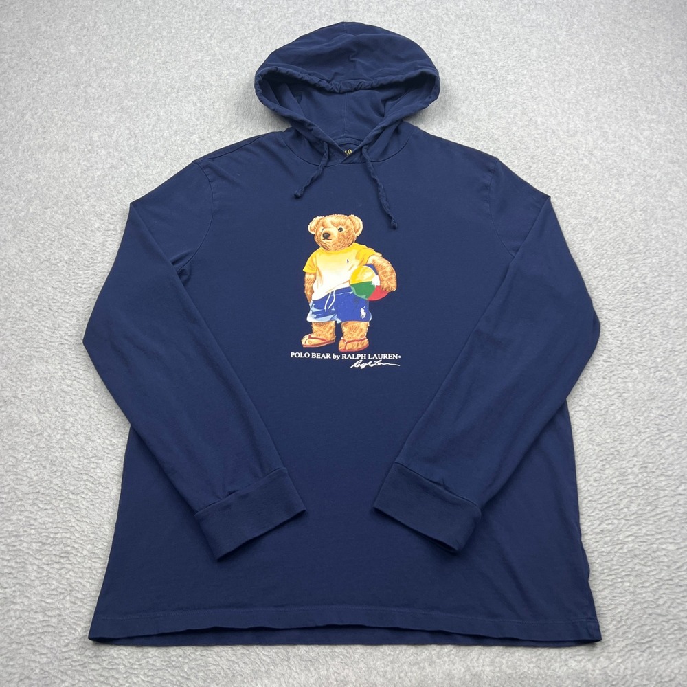 Polo Ralph Lauren Hoodie Mens Large Blue Polo Bear Beach Lightweight Pullover